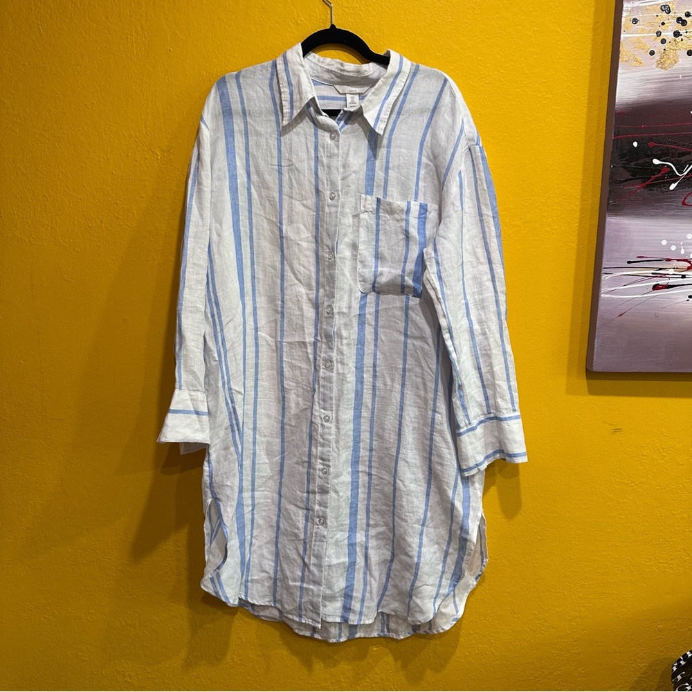 NWT 100% linen blue and white striped dress